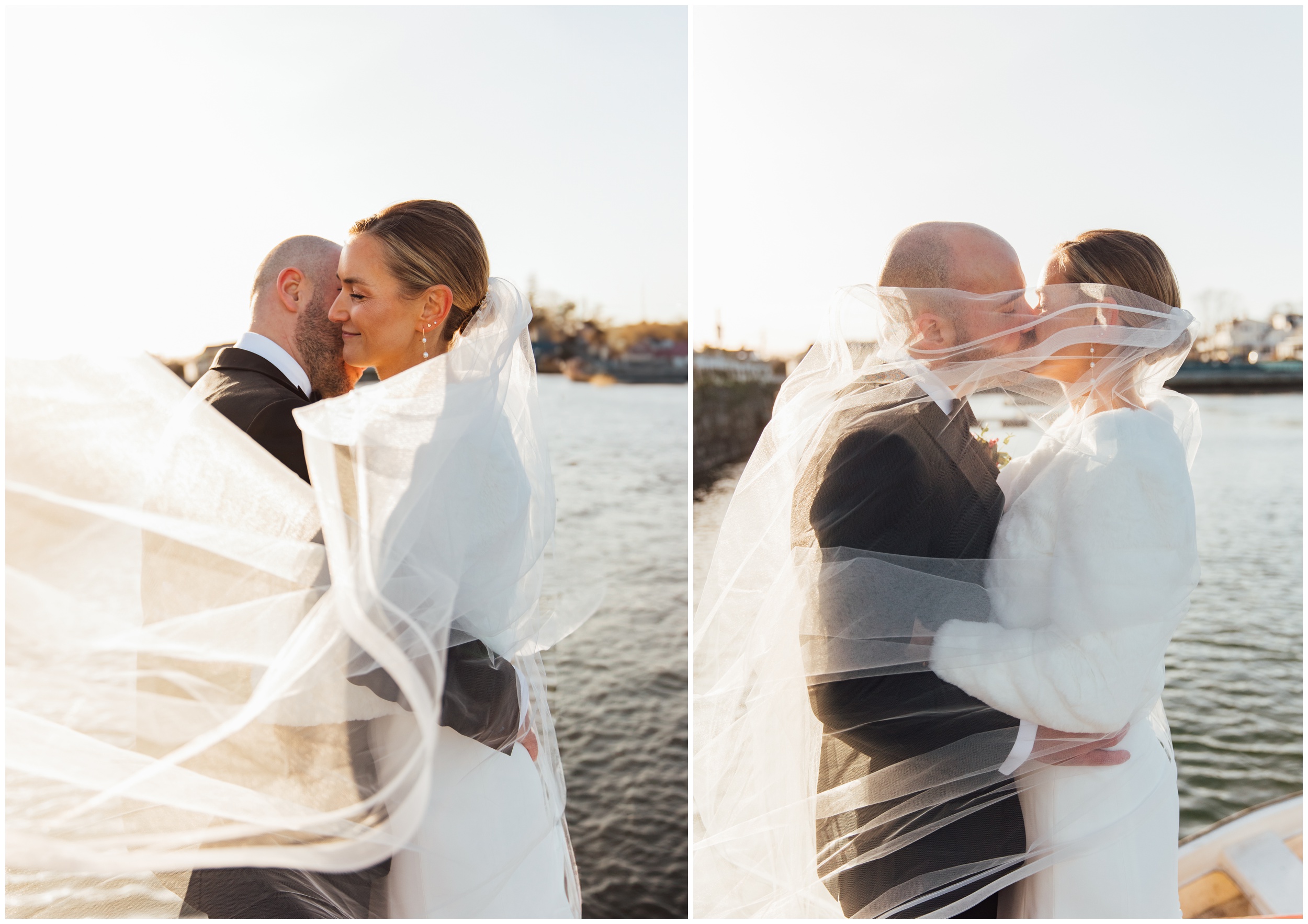 Bride and groom portraits on dock during winter wedding at Red Lion Inn in Cohasset MA